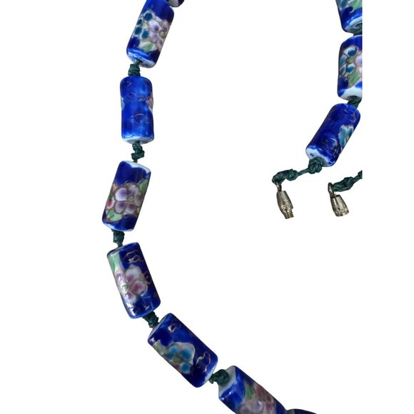 Vintage Chinese Cloisonne Blue Floral Glass Bead Necklace With Barrel Clasp 22" - Picture 3 of 6